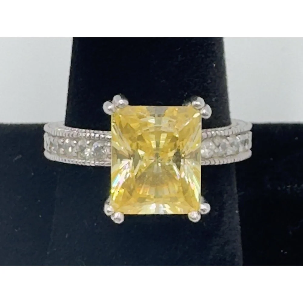 Charles Winston Sterling Silver 925 CWE Large Faceted Yellow CZ Ring‎ Size 10